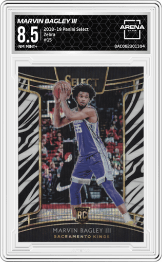 Marvin Bagley III from the 2018-19 Panini Select  set featuring a Zebra parallel graded by Arena Club and given an overall grade of 8.5.