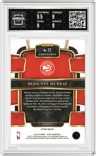 Dejounte Murray from the 2023-24 Panini Select  set featuring a Tiger parallel graded by Arena Club and given an overall grade of 9.