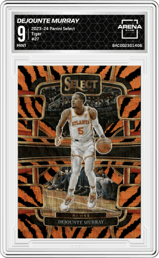 Dejounte Murray from the 2023-24 Panini Select  set featuring a Tiger parallel graded by Arena Club and given an overall grade of 9.