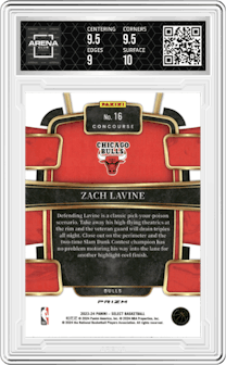 Zach LaVine	  from the 2023-24 Panini Select  set featuring a Elephant Prizm parallel graded by Arena Club and given an overall grade of 9.5.