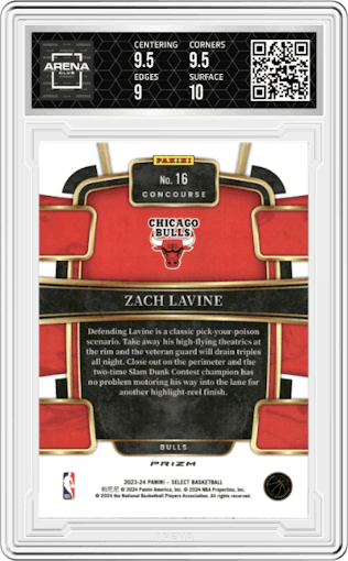 Zach LaVine	  from the 2023-24 Panini Select  set featuring a Elephant Prizm parallel graded by Arena Club and given an overall grade of 9.5.