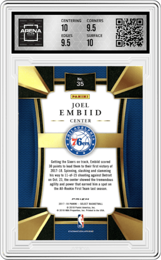 Joel Embiid from the 2017-18 Panini Select set featuring a Zebra parallel graded by Arena Club and given an overall grade of 10.