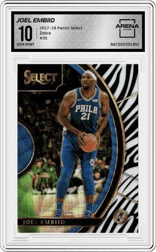 Joel Embiid from the 2017-18 Panini Select set featuring a Zebra parallel graded by Arena Club and given an overall grade of 10.