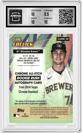 Sal Frelick  from the 2024 Topps Chrome Update set graded by Arena Club and given an overall grade of 10.