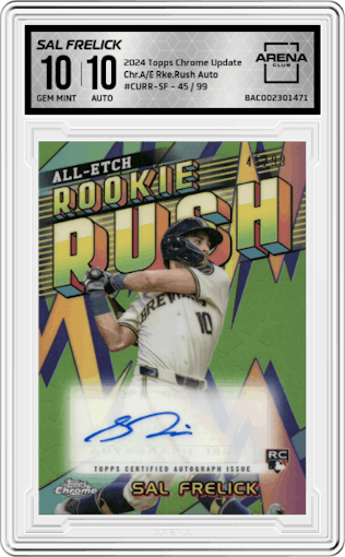 Sal Frelick  from the 2024 Topps Chrome Update set graded by Arena Club and given an overall grade of 10.