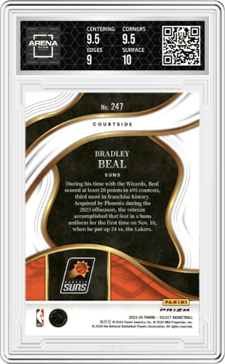 Bradley Beal from the 2023-24 Panini Select  set featuring a Elephant parallel graded by Arena Club and given an overall grade of 9.5.