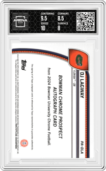 DJ Lagway from the 2024 Bowman Chrome University set featuring a Fuchsia Refractor parallel graded by Arena Club and given an overall grade of 8.5.
