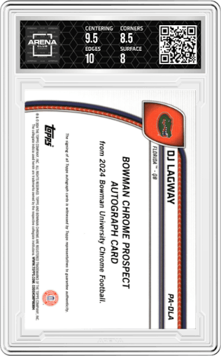 DJ Lagway from the 2024 Bowman Chrome University set featuring a Fuchsia Refractor parallel graded by Arena Club and given an overall grade of 8.5.