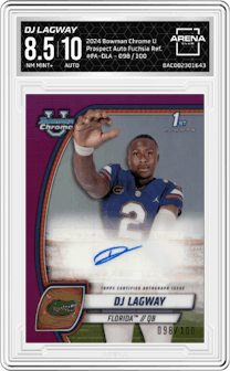 DJ Lagway from the 2024 Bowman Chrome University set featuring a Fuchsia Refractor parallel graded by Arena Club and given an overall grade of 8.5.