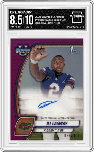 DJ Lagway from the 2024 Bowman Chrome University set featuring a Fuchsia Refractor parallel graded by Arena Club and given an overall grade of 8.5.
