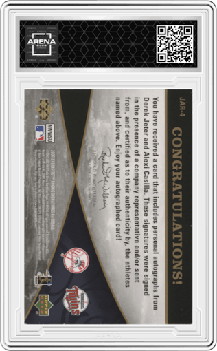 Derek Jeter/Alexi Casilla from the 2007 Upper Deck Exquisite Collection Rookie Signatures set featuring a  Silver Spectrum parallel graded by Arena Club.