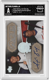Derek Jeter/Alexi Casilla from the 2007 Upper Deck Exquisite Collection Rookie Signatures set featuring a  Silver Spectrum parallel graded by Arena Club and given an overall grade of 0.