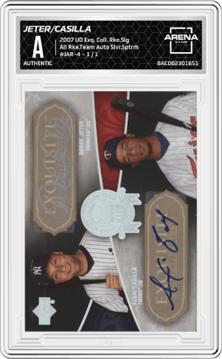 Derek Jeter/Alexi Casilla from the 2007 Upper Deck Exquisite Collection Rookie Signatures set featuring a  Silver Spectrum parallel graded by Arena Club.