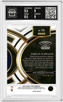 Jordan Hawkins from the 2023-24 Panini Select  set featuring a Tiger parallel graded by Arena Club and given an overall grade of 9.