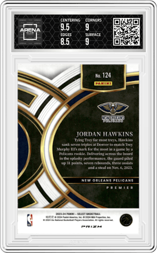 Jordan Hawkins from the 2023-24 Panini Select  set featuring a Tiger parallel graded by Arena Club and given an overall grade of 9.