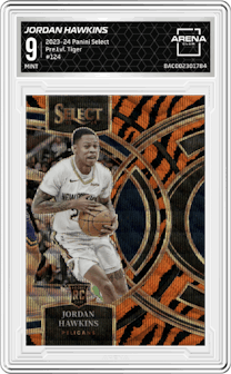 Jordan Hawkins from the 2023-24 Panini Select  set featuring a Tiger parallel graded by Arena Club and given an overall grade of 9.