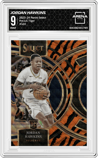 Jordan Hawkins from the 2023-24 Panini Select  set featuring a Tiger parallel graded by Arena Club and given an overall grade of 9.