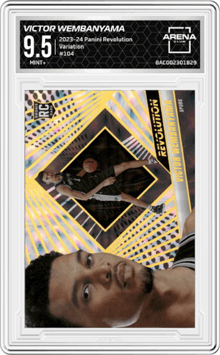 Victor Wembanyama from the 2023-24 Panini Revolution set graded by Arena Club and given an overall grade of 9.5.