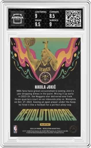 Nikola Jokic from the 2023-24 Panini Revolution set graded by Arena Club and given an overall grade of 9.