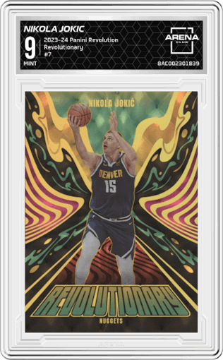 Nikola Jokic from the 2023-24 Panini Revolution set graded by Arena Club and given an overall grade of 9.