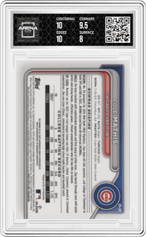 Cole Mathis from the 2024 Bowman Draft set featuring a Gold Refractor parallel graded by Arena Club and given an overall grade of 8.5.