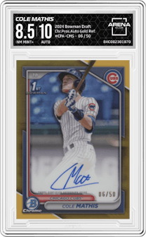 Cole Mathis from the 2024 Bowman Draft set featuring a Gold Refractor parallel graded by Arena Club and given an overall grade of 8.5.