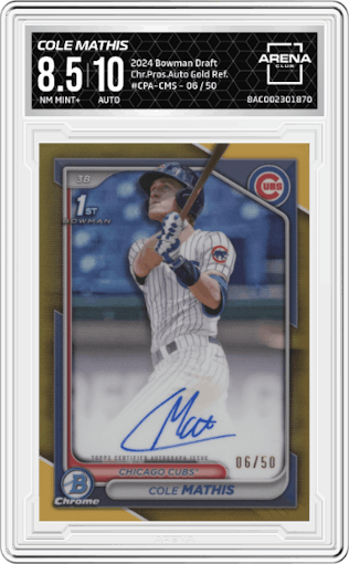Cole Mathis from the 2024 Bowman Draft set featuring a Gold Refractor parallel graded by Arena Club and given an overall grade of 8.5.