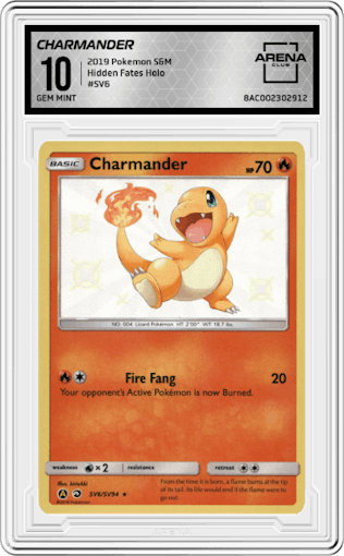 Charmander from the 2019 Pokemon S&M  set graded by Arena Club and given an overall grade of 10.