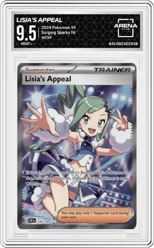 Lisia's Appeal from the 2024 Pokemon SV set graded by Arena Club and given an overall grade of 9.5.