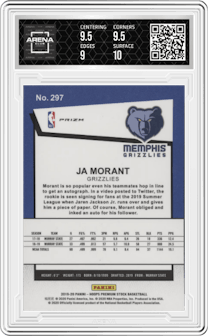 Ja Morant from the 2019-20 Panini Hoops Premium Stock set featuring a Purple Disco parallel graded by Arena Club and given an overall grade of 9.5.