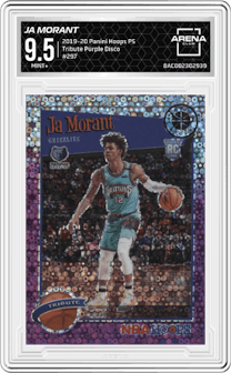 Ja Morant from the 2019-20 Panini Hoops Premium Stock set featuring a Purple Disco parallel graded by Arena Club and given an overall grade of 9.5.