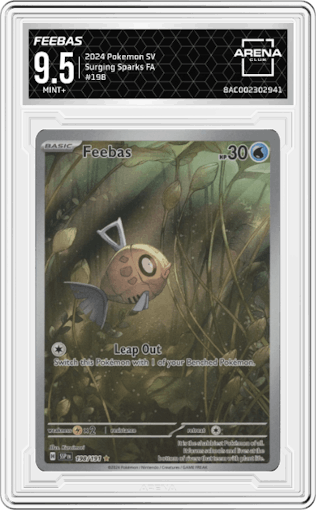 Feebas from the 2024 Pokemon SV set graded by Arena Club and given an overall grade of 9.5.