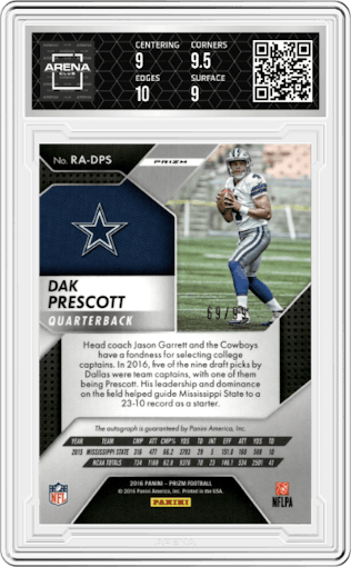 Dak Prescott from the 2016 Panini Prizm set featuring a Unsigned Purple Scope parallel graded by Arena Club and given an overall grade of 9.5.