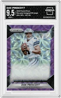 Dak Prescott from the 2016 Panini Prizm set featuring a Unsigned Purple Scope parallel graded by Arena Club and given an overall grade of 9.5.