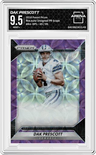 Dak Prescott from the 2016 Panini Prizm set featuring a Unsigned Purple Scope parallel graded by Arena Club and given an overall grade of 9.5.