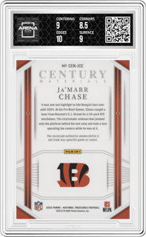 Ja’Marr Chase from the 2023 Panini National Treasures set featuring a Holo Silver parallel graded by Arena Club and given an overall grade of 9.