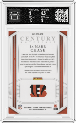 Ja’Marr Chase from the 2023 Panini National Treasures set featuring a Holo Silver parallel graded by Arena Club and given an overall grade of 9.