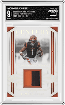 Ja’Marr Chase from the 2023 Panini National Treasures set featuring a Holo Silver parallel graded by Arena Club and given an overall grade of 9.