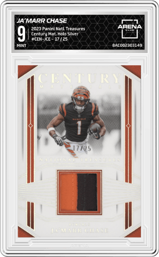 Ja’Marr Chase from the 2023 Panini National Treasures set featuring a Holo Silver parallel graded by Arena Club and given an overall grade of 9.