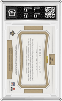 Chris Olave from the 2022 Panini National Treasures set featuring a Laundry Tag parallel graded by Arena Club and given an overall grade of 9.