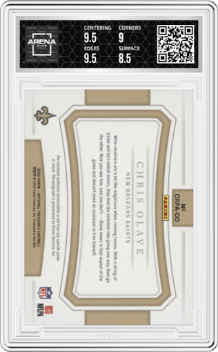 Chris Olave from the 2022 Panini National Treasures set featuring a Laundry Tag parallel graded by Arena Club and given an overall grade of 9.