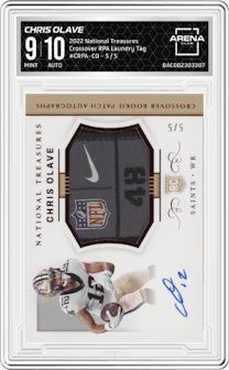 Chris Olave from the 2022 Panini National Treasures set featuring a Laundry Tag parallel graded by Arena Club and given an overall grade of 9.