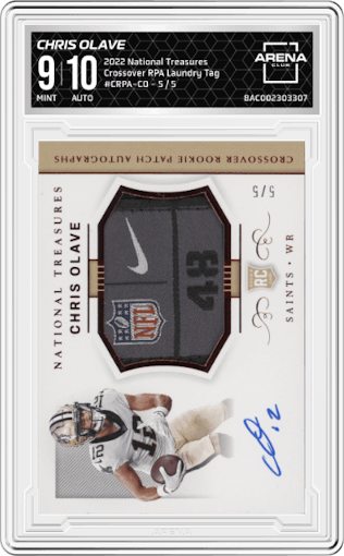 Chris Olave from the 2022 Panini National Treasures set featuring a Laundry Tag parallel graded by Arena Club and given an overall grade of 9.