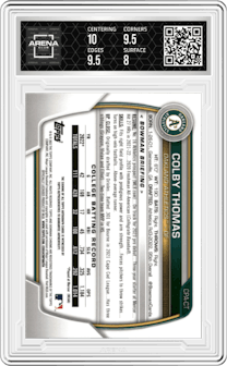 Colby Thomas from the 2023 Bowman  set featuring a Orange Shimmer Refractor parallel graded by Arena Club and given an overall grade of 8.5.