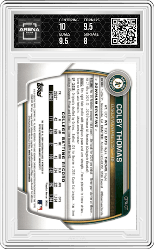 Colby Thomas from the 2023 Bowman  set featuring a Orange Shimmer Refractor parallel graded by Arena Club and given an overall grade of 8.5.