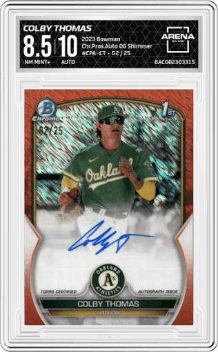 Colby Thomas from the 2023 Bowman  set featuring a Orange Shimmer Refractor parallel graded by Arena Club and given an overall grade of 8.5.