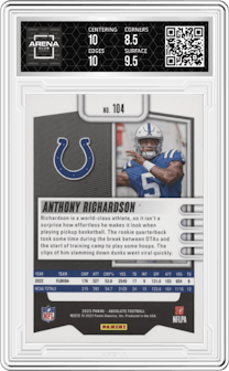 Anthony Richardson from the 2023 Panini Absolute set featuring a Purple Spectrum parallel graded by Arena Club and given an overall grade of 9.
