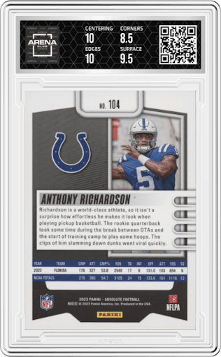 Anthony Richardson from the 2023 Panini Absolute set featuring a Purple Spectrum parallel graded by Arena Club and given an overall grade of 9.