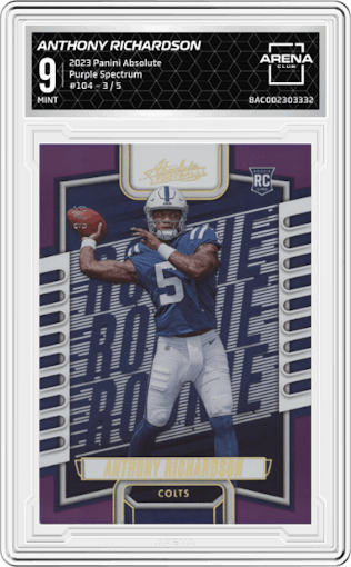 Anthony Richardson from the 2023 Panini Absolute set featuring a Purple Spectrum parallel graded by Arena Club and given an overall grade of 9.