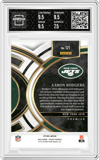 Aaron Rodgers from the 2023 Panini Select set featuring a Gold Prizm parallel graded by Arena Club and given an overall grade of 8.